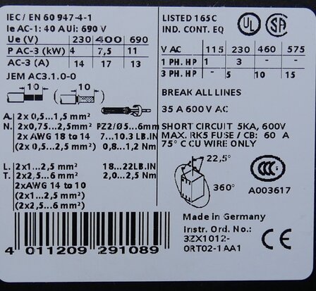 Siemens 3RT1025-1BB40 contactor 7.5 KW/400 V, DC 24 V 3P