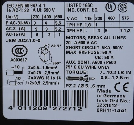 Siemens 3RT1016-1BB42 contactor 24V DC 3P 1NC 3RT10161BB42