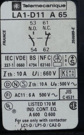 Telemacanique LA1DN11 contact block LA1-DN11 A 65, 1NO+1NC