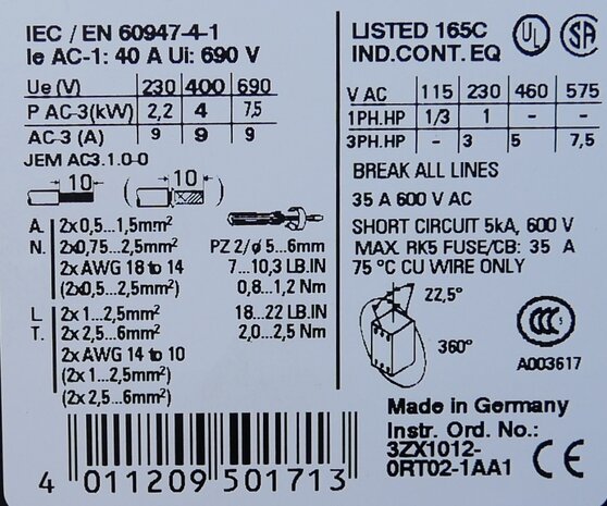 Siemens 3RT1023-1AC24 magneetschakelaar 24V 3P 2NO+2NC 40A 3RT10231AC24