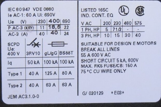 Siemens magneetschakelaar 18.5kW/400V AC 230V 2NO+2 NC 3P 3RT1035-1AP04